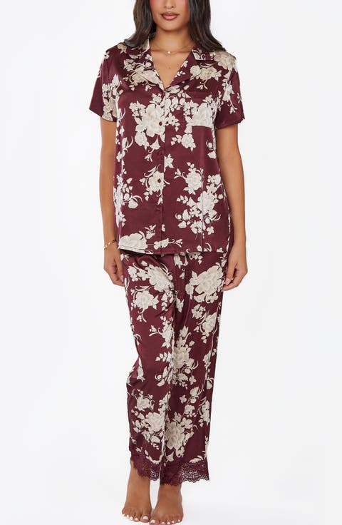 Floral Print Lace-Trim Satin Pajama Set