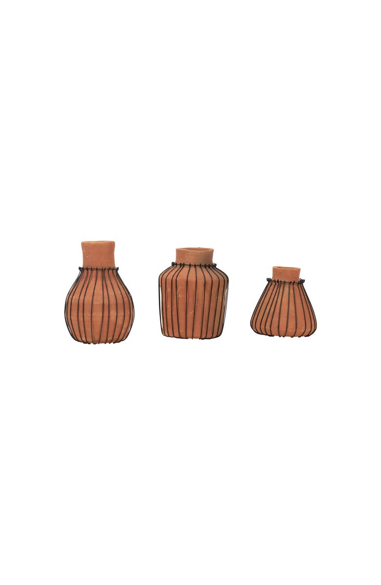 Foreside Home and Garden Set of 3 Natural Terracotta and Wire Decorative Bud Vases, Main, color, Brown