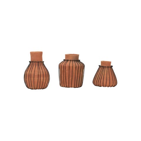 Set of 3 Natural Terracotta and Wire Decorative Bud Vases