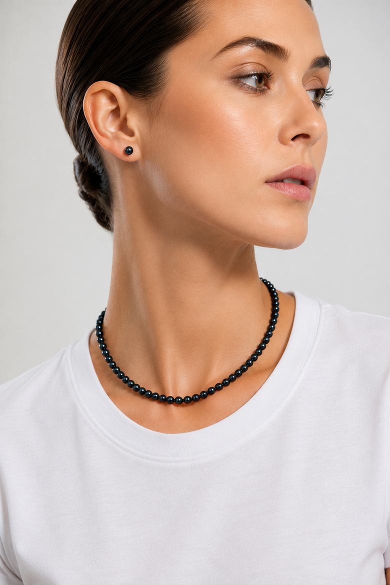 6.5-7.0mm Japanese Akoya Black Choker Length Pearl Necklace - AA+ Quality, Alternate, color, Sterling Silver Clasp