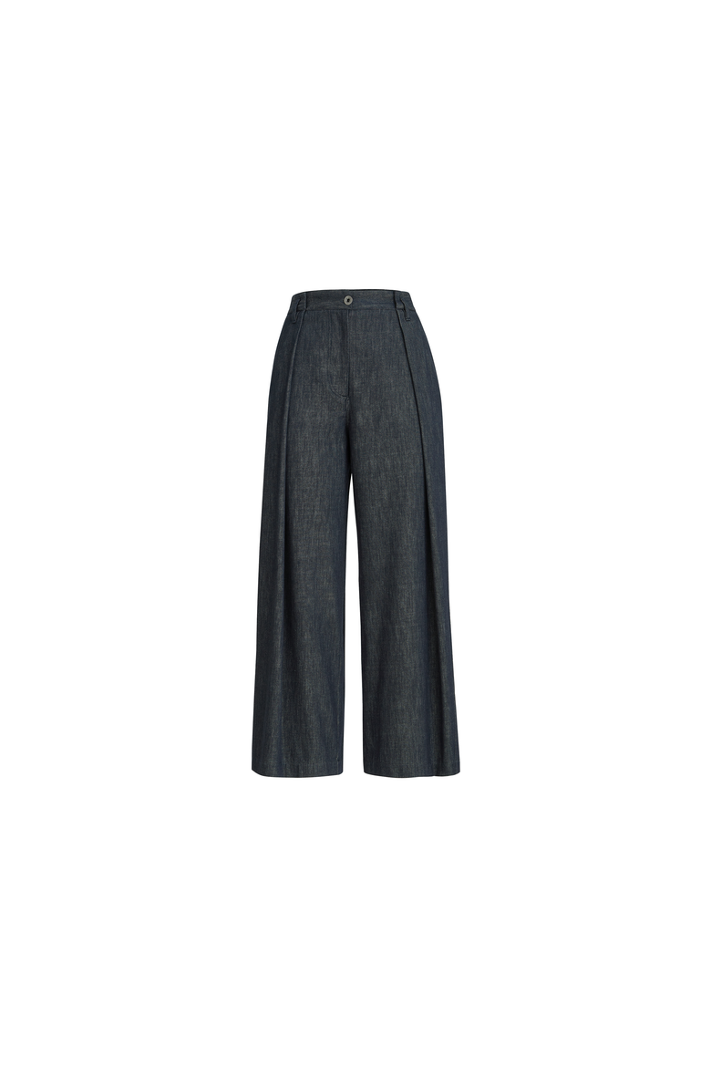 Denim-effect twill pleated A-line trousers with shiny loop, Alternate, color, Denim