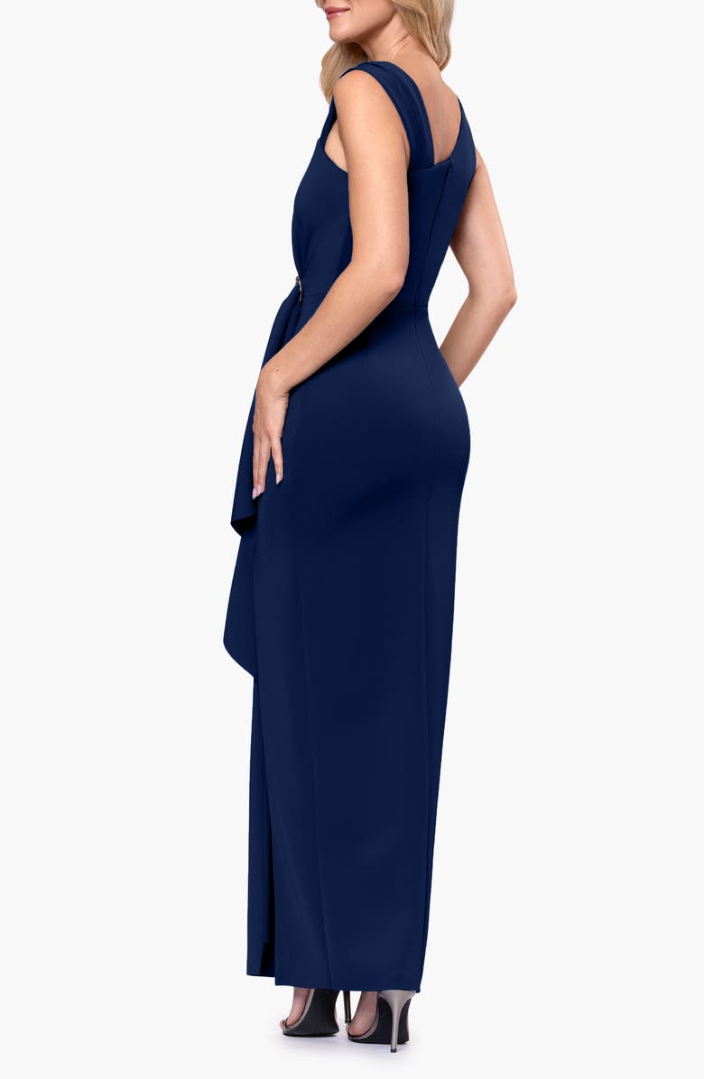 Betsy & Adam Asymmetric Neck Ruffle Detail Scuba Crepe Gown, Alternate, color, Navy