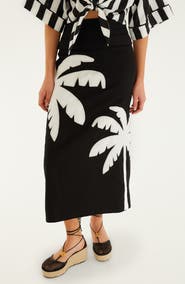 FARM Rio Palm Tree Embroidered Linen Maxi Skirt