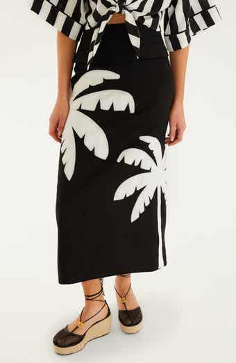 Palm Tree Embroidered Linen Maxi Skirt