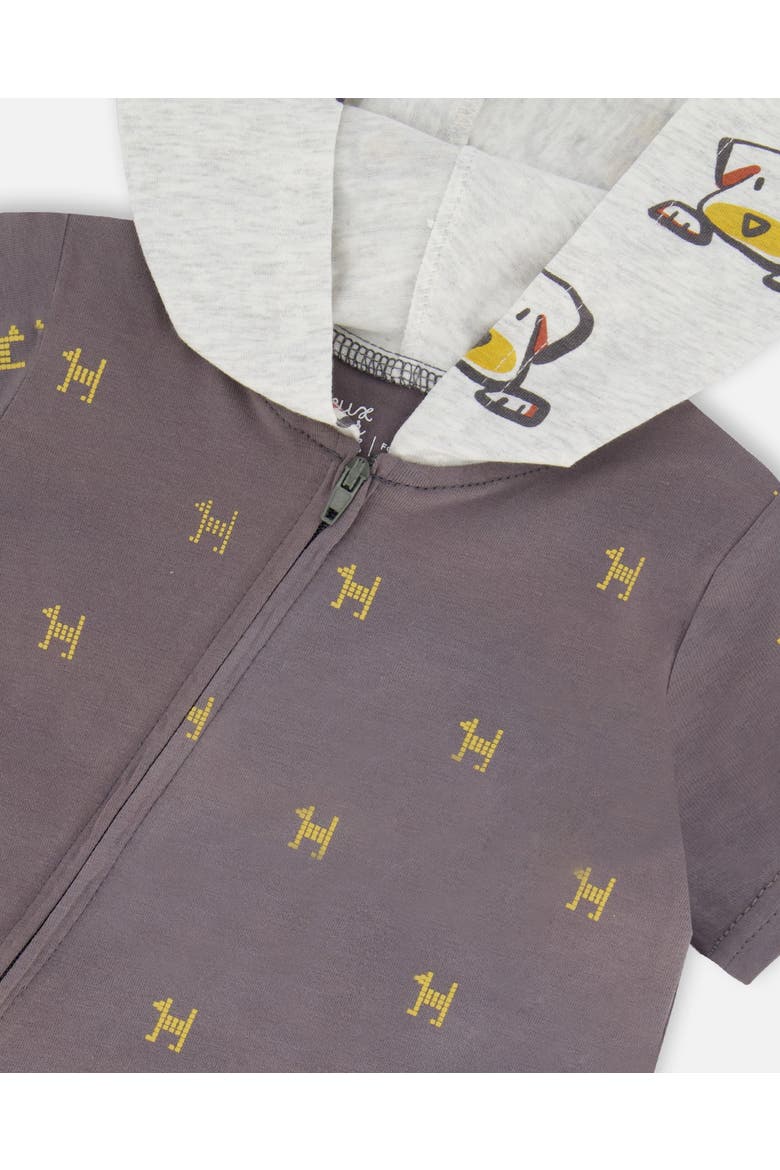 Baby Boy's Organic Cotton Hooded Romper Dark Grey With Printed Pixel Dog, Alternate, color, Dark Grey With Printed Dog