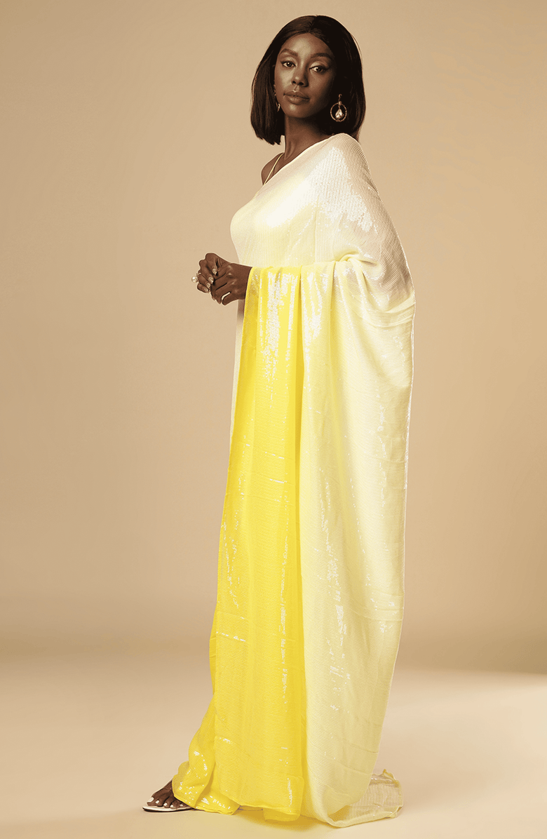 One Minute Saree<sup>®</sup> Sana White & Yellow Ombre Sequins Pre-Draped Ready to Wear Sari, Alternate, color,