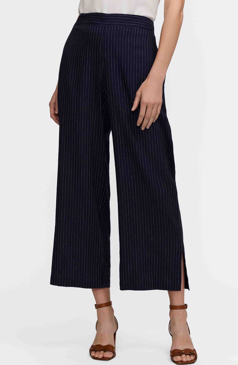 Foxcroft Jenna Pinstripe Wide Leg Crop Linen Blend Pants, Main, color, Navy Blue/ White