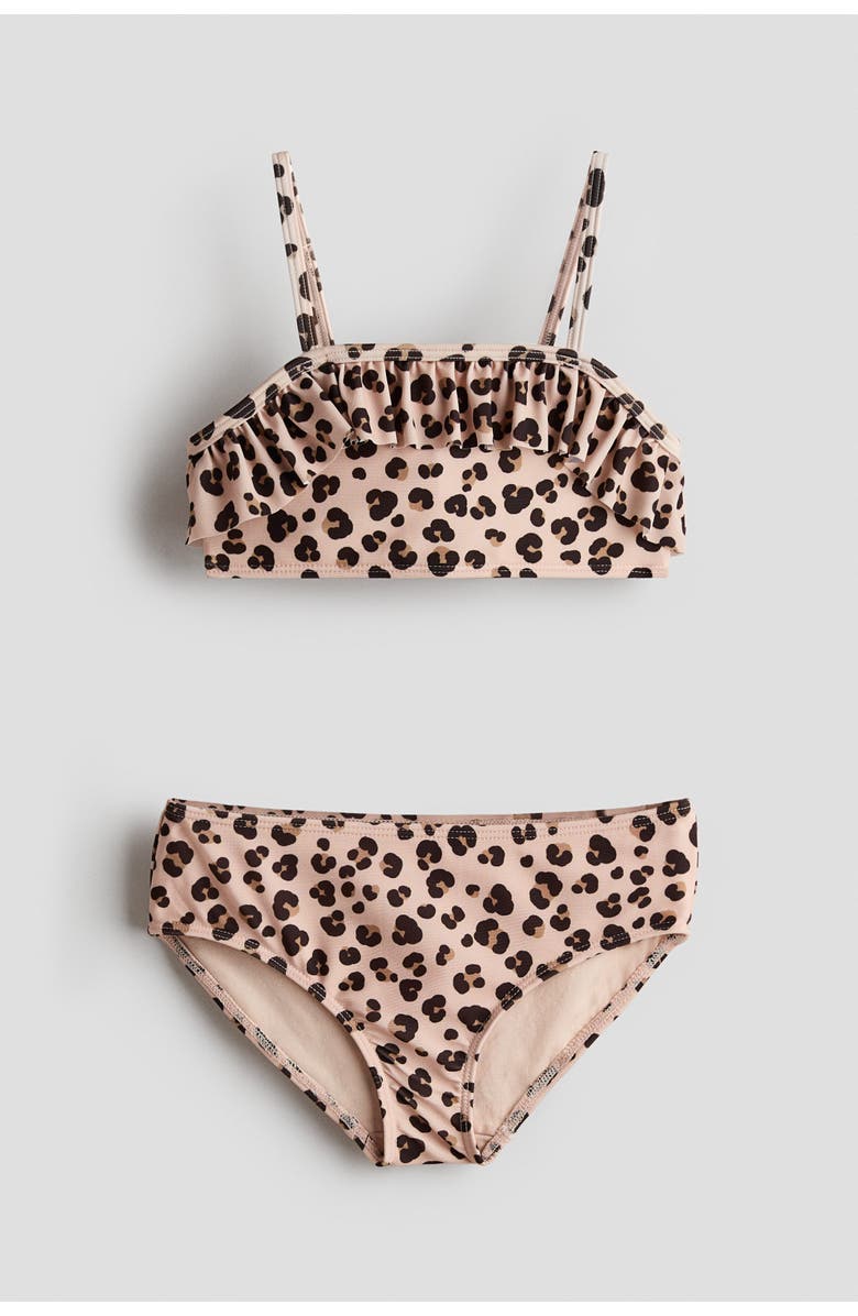 H&M Ruffle-trimmed two-piece swimsuit, Main, color, Light Beige/Leopard Print