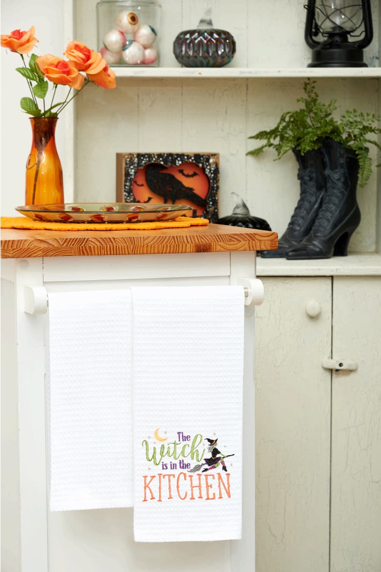 Witch Is In The Kitchen Halloween Cotton Embroidered Waffle Weave Kitchen Towel, Alternate, color, White