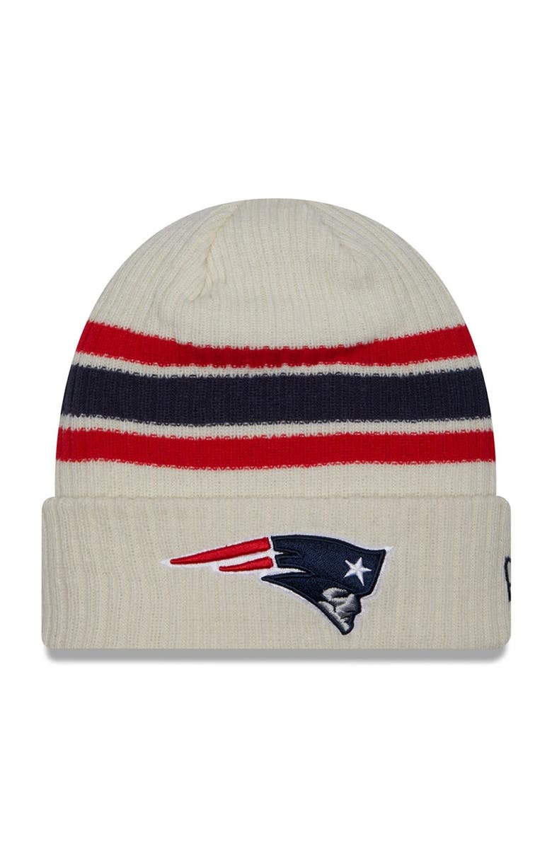 New Era Men's New Era Cream New England Patriots Team Stripe Cuffed Knit Hat, Main, color, 