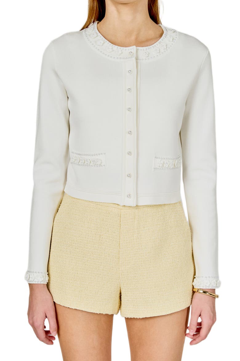 Flower & Bead Trim Cardigan, Main, color, OFF WHITE