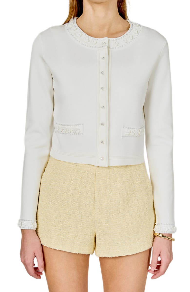 Endless Rose Flower & Bead Trim Cardigan, Main, color, Off White