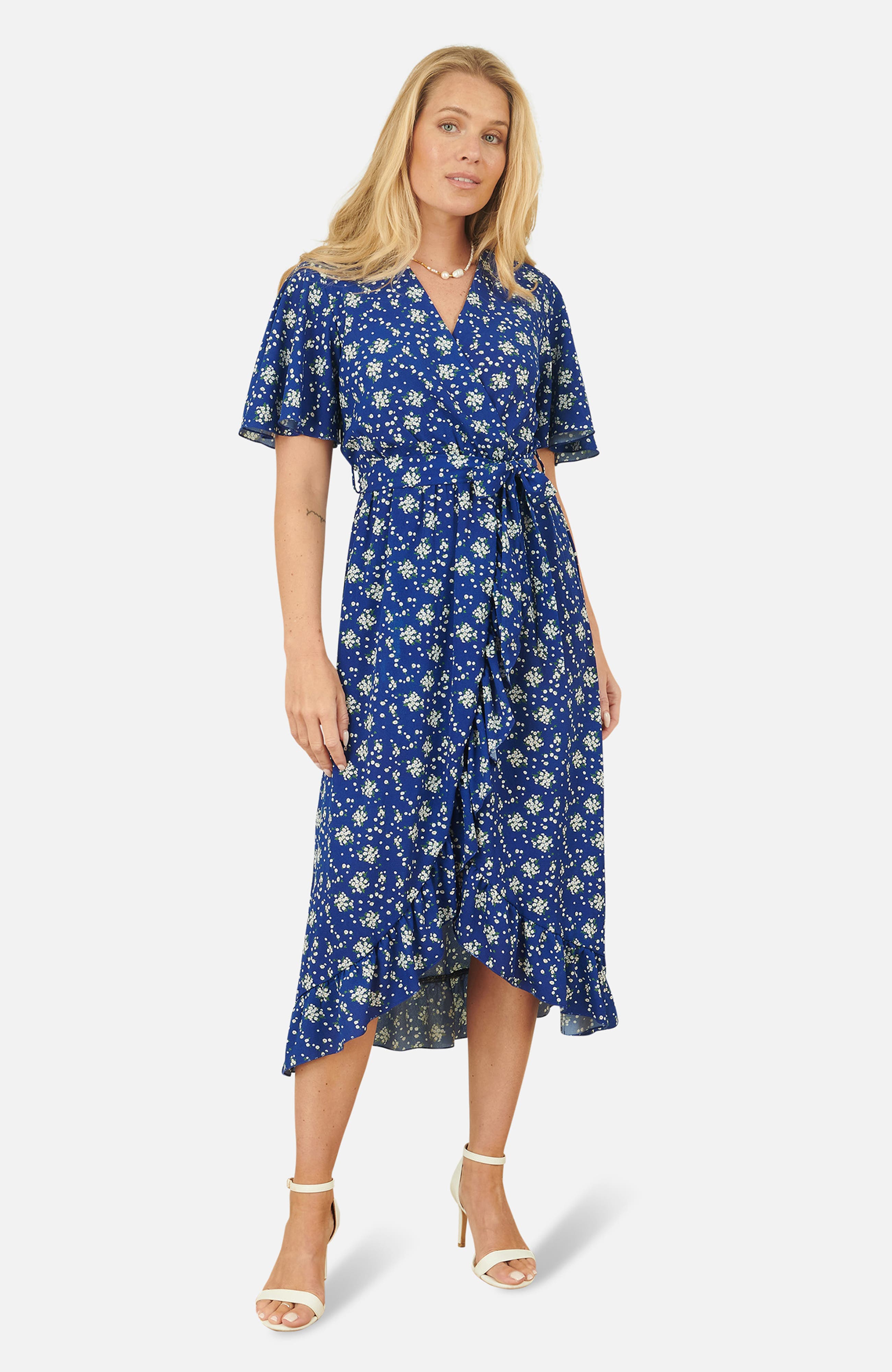 Frilled-Hem Wrap Midi Dress