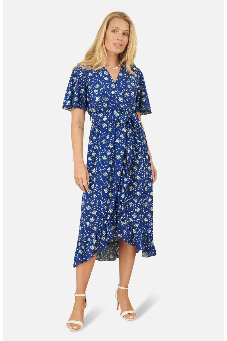 Frilled-Hem Wrap Midi Dress, Main, color, Blue