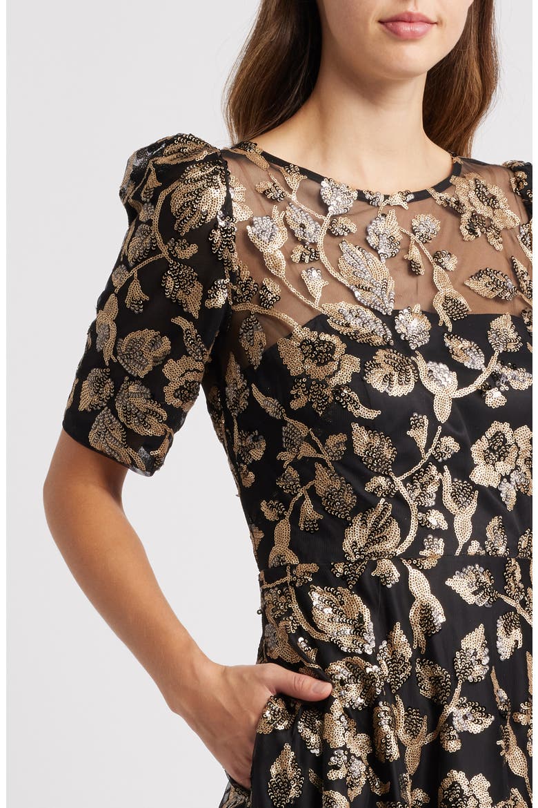 Elbow Sleeve Midi Dress, Alternate, color, BLACK GOLD