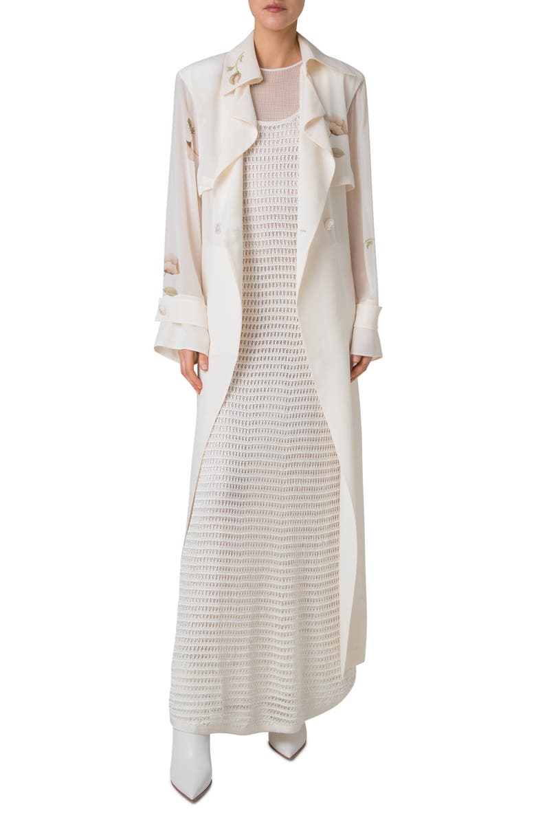 Akris Haider Silk Crepe Long Trench Coat, Main, color, Ecru-Greige