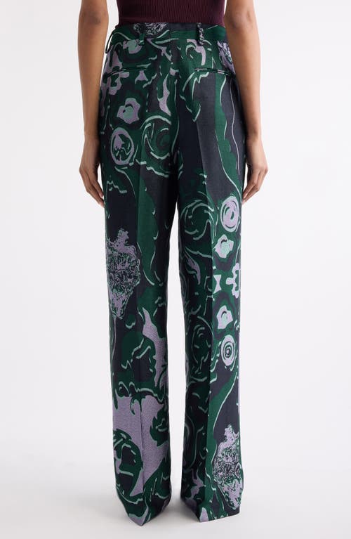 Dries Van Noten Bastis Abstract Floral Jacquard Pleated Crepe Straight Leg Pants In Green