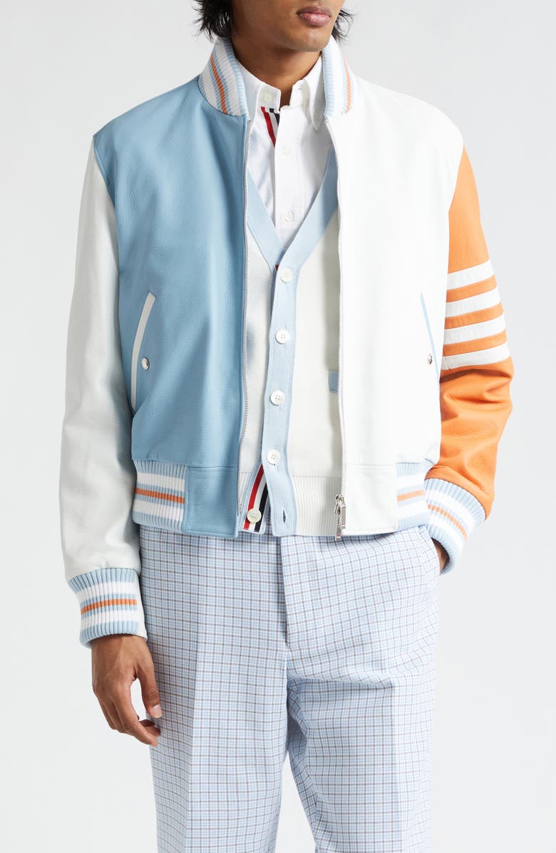 Thom Browne Fun-Mix 4-Bar Colorblock Leather Bomber Jacket, Main, color,