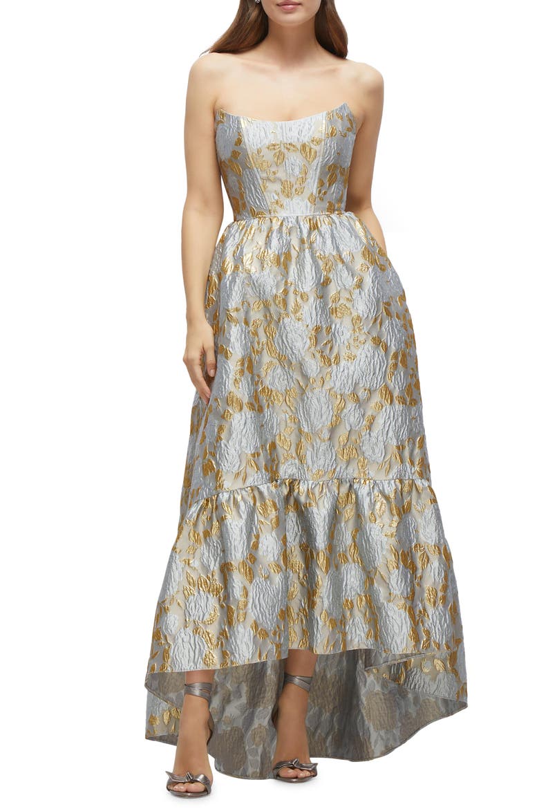 Floral Brocade Strapless High-Low Gown, Main, color, WINTER MIST