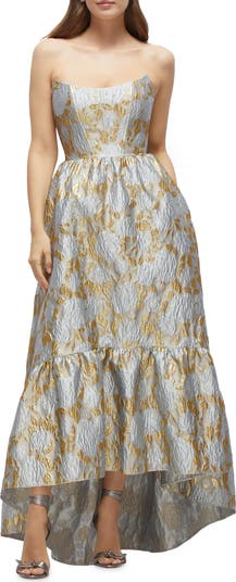 Floral Brocade Strapless High-Low Gown