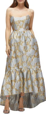 Dessy Collection Floral Brocade Strapless High-Low Gown