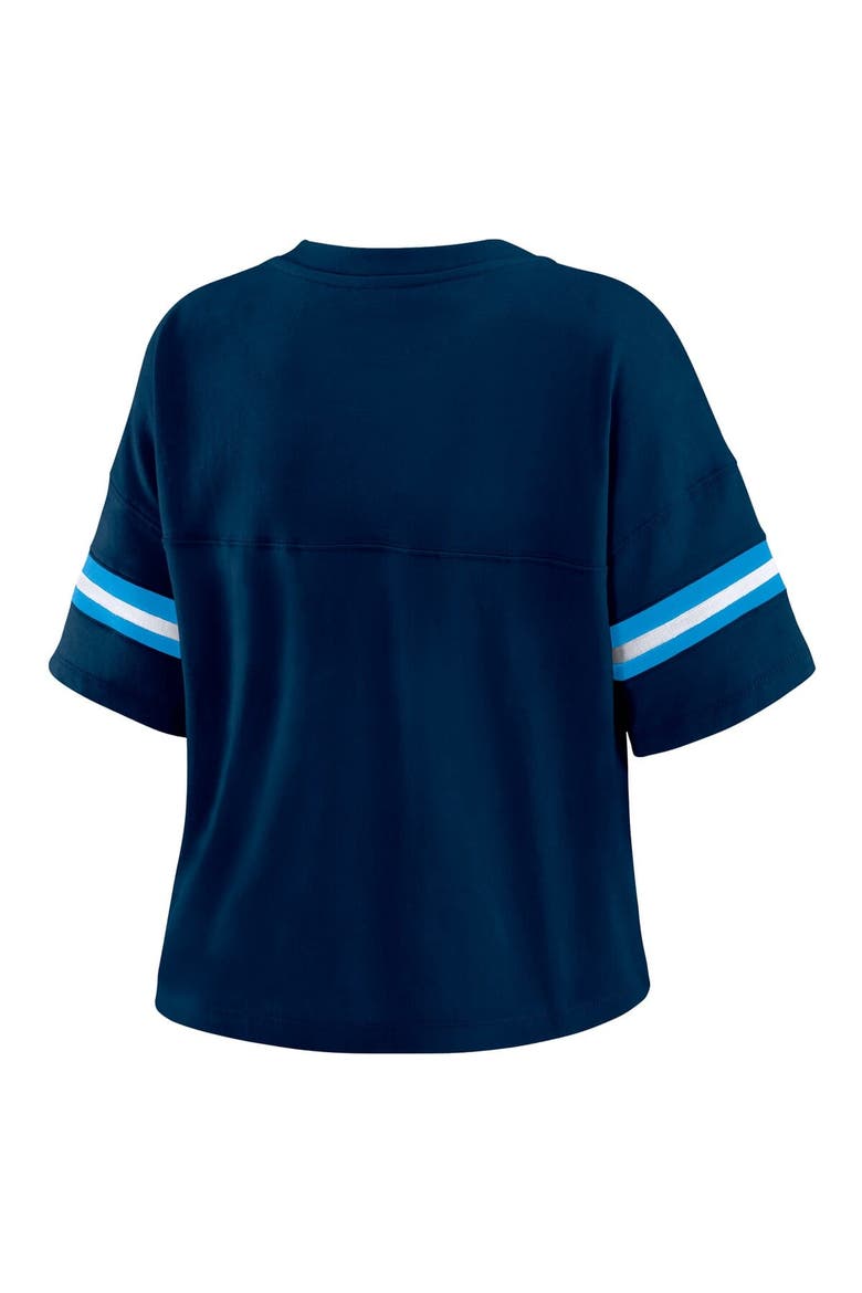 Women's WEAR by Erin Andrews Navy Tennessee Titans Color Block Boxy Modest Crop V-Neck T-Shirt, Alternate, color, Navy