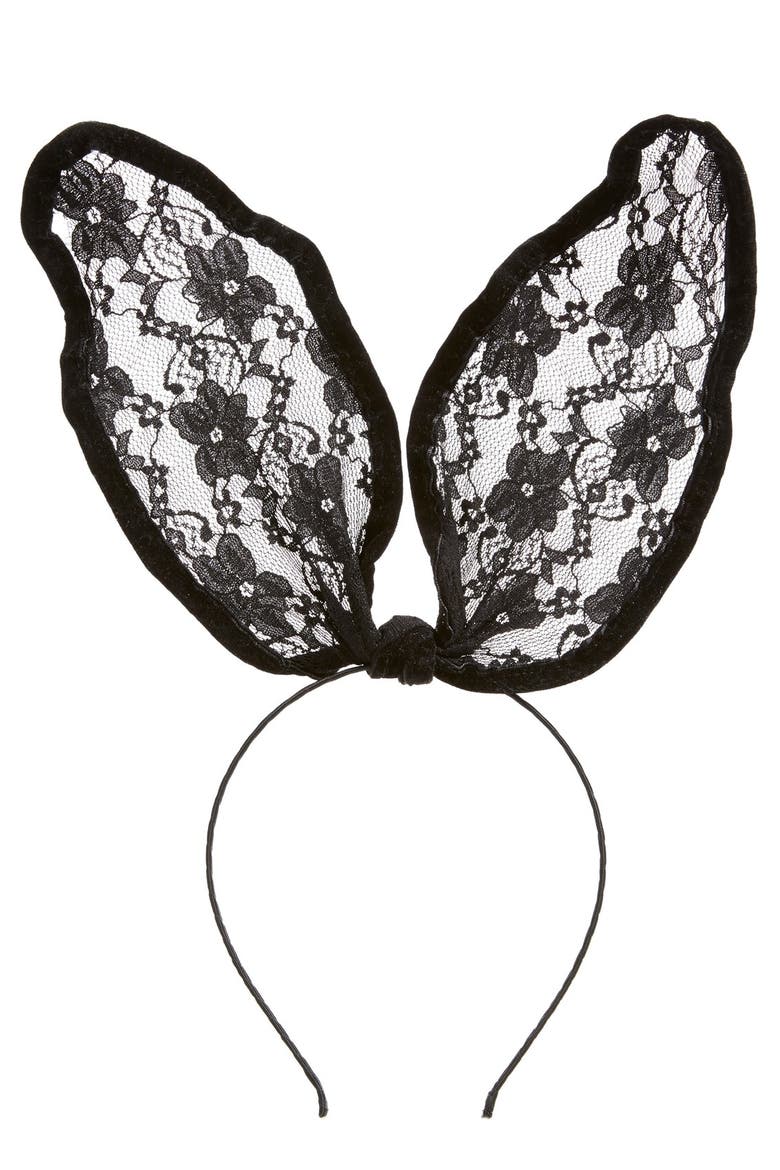 'Drama' Lace Bunny Ear Headband, Alternate, color, BLACK