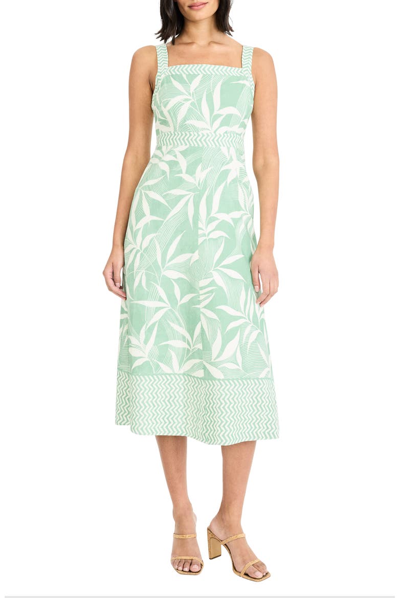 Leaf Print Square Neck Midi Dress, Main, color, IVORY/ SAGE