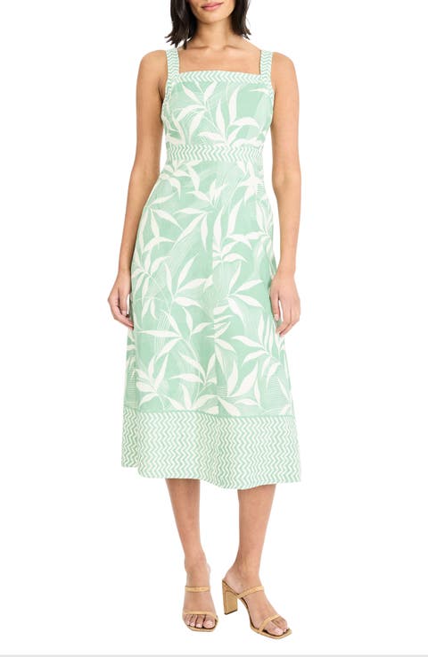Leaf Print Square Neck Midi Dress