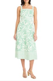 Maggy London Leaf Print Square Neck Midi Dress
