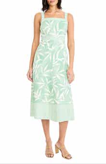 Leaf Print Square Neck Midi Dress
