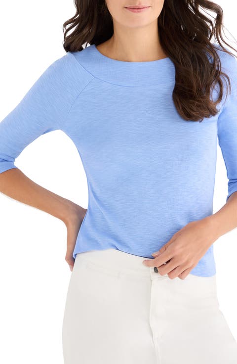 Boat Neck Three-Quarter Sleeve Cotton Blend Top