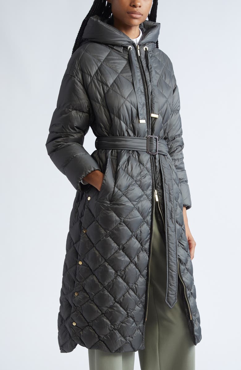 Max Mara The Cube Trepar Diamond Quilted Down Longline Coat, Alternate, color, Green