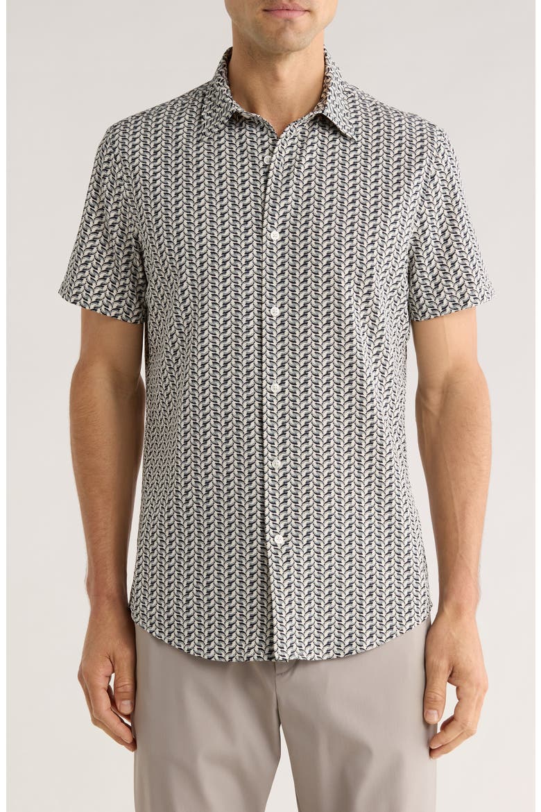 Leaf Print Short Sleeve Performance Button-Up Shirt, Main, color, IVORY NORTHWEST LEAF