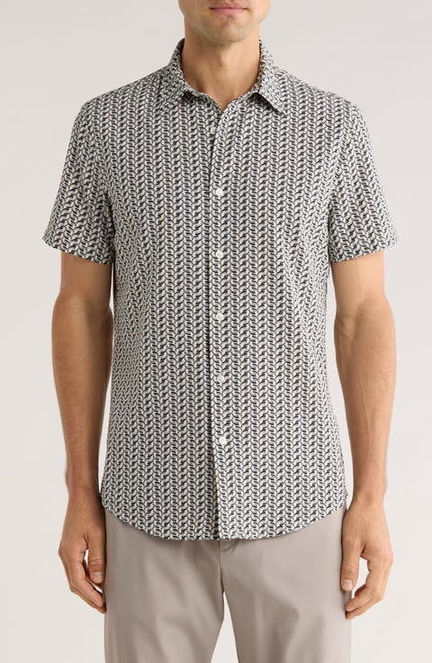 Leaf Print Short Sleeve Performance Button-Up Shirt