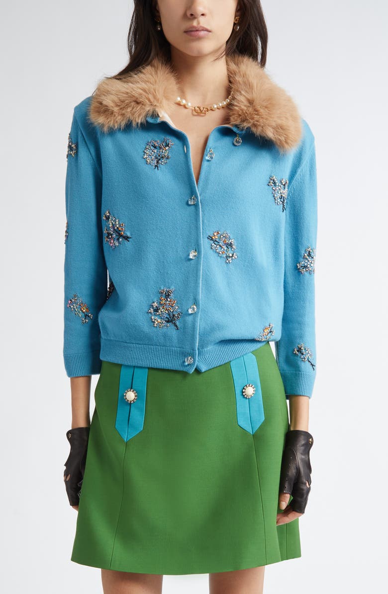 Valentino Garavani Embroidered Wool Cardigan with Removable Faux Fur Collar, Main, color, Blue