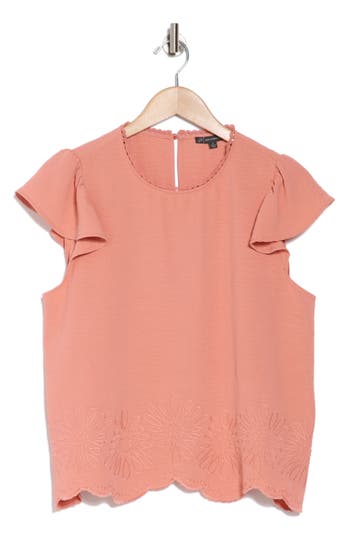 ADRIANNA PAPELL ADRIANNA PAPELL FLORAL EMBROIDERED FLUTTER SLEEVE TOP 