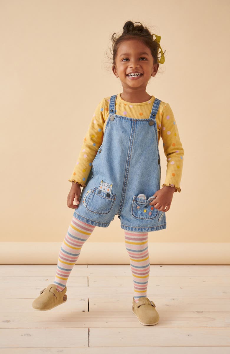 NEXT Kids' Top, Tights & Cat Pocket Denim Shortalls Set, Alternate, color, 