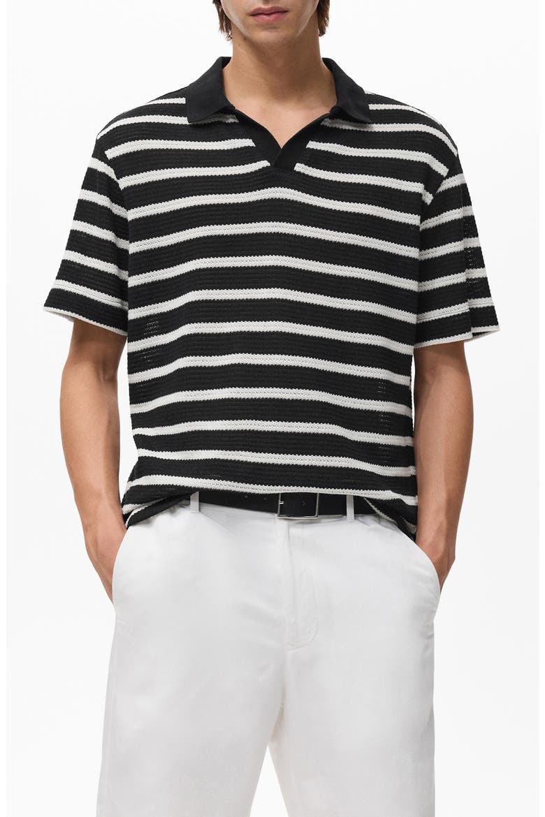 Textured Stripe Johnny Collar Polo, Main, color, BLACK