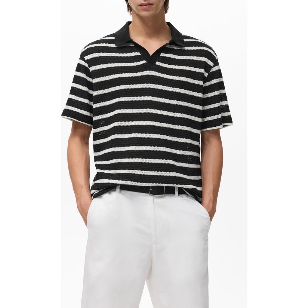 Mango Textured Stripe Johnny Collar Polo In Black