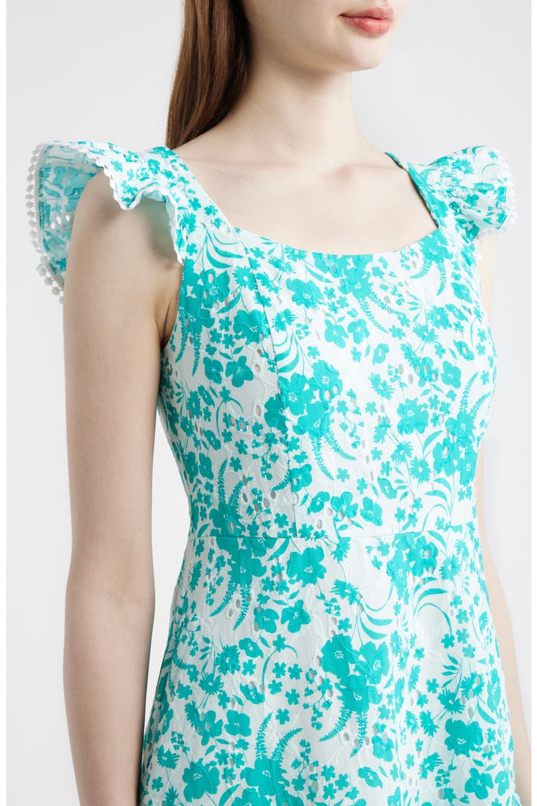 Floral Ruffle Tiered Midi Dress, Alternate, color, CRISPT WHITE/ BERYL GREEN