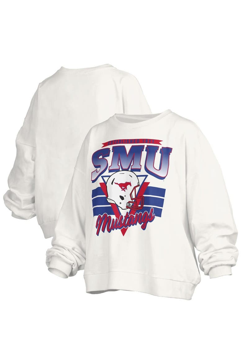 Women's Pressbox White SMU Mustangs Oversized Janice Retro Waist-Length Pullover Sweatshirt, Main, color, White