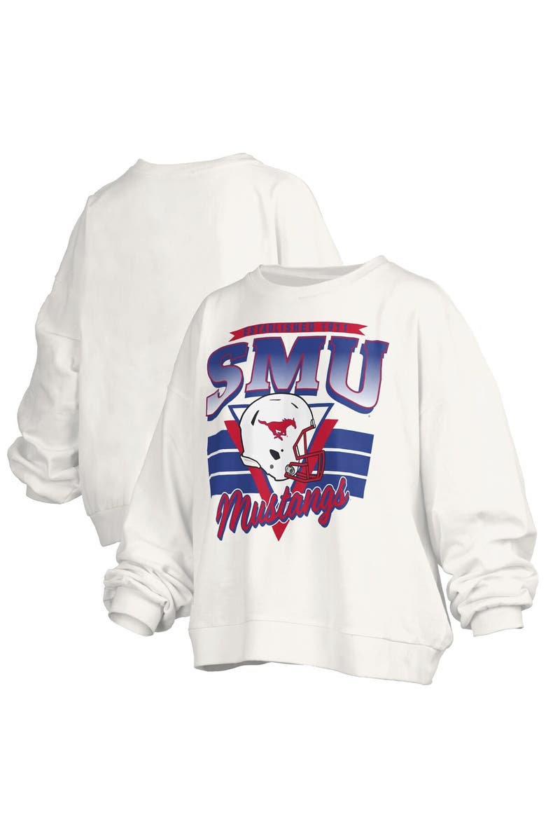 PRESSBOX Women's Pressbox White SMU Mustangs Oversized Janice Retro Waist-Length Pullover Sweatshirt, Main, color, White