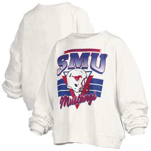 Women's Pressbox White SMU Mustangs Oversized Janice Retro Waist-Length Pullover Sweatshirt