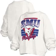 PRESSBOX Women's Pressbox White SMU Mustangs Oversized Janice Retro Waist-Length Pullover Sweatshirt