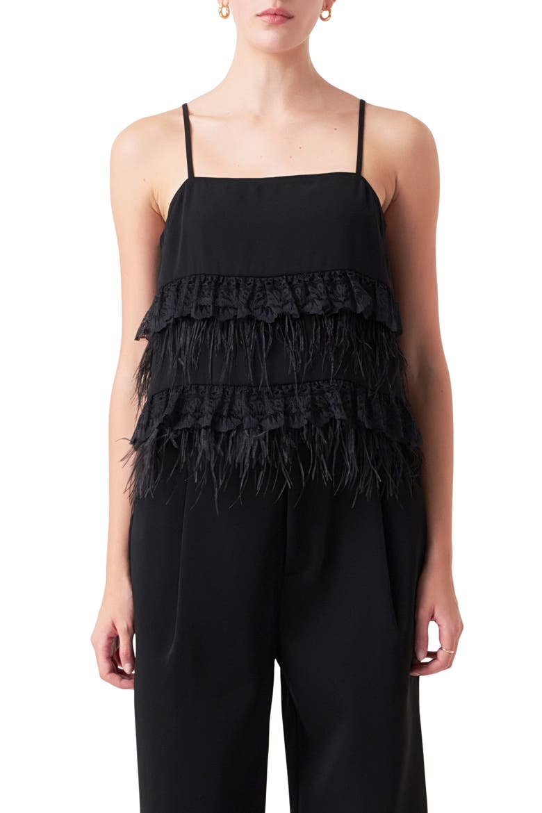 Lace Feather Trim Camisole, Main, color, BLACK