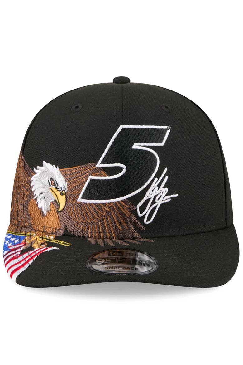 Men's New Era Black Kyle Larson Patriotic Eagle & Flag A-Frame 9FIFTY Snapback Hat, Alternate, color, Black