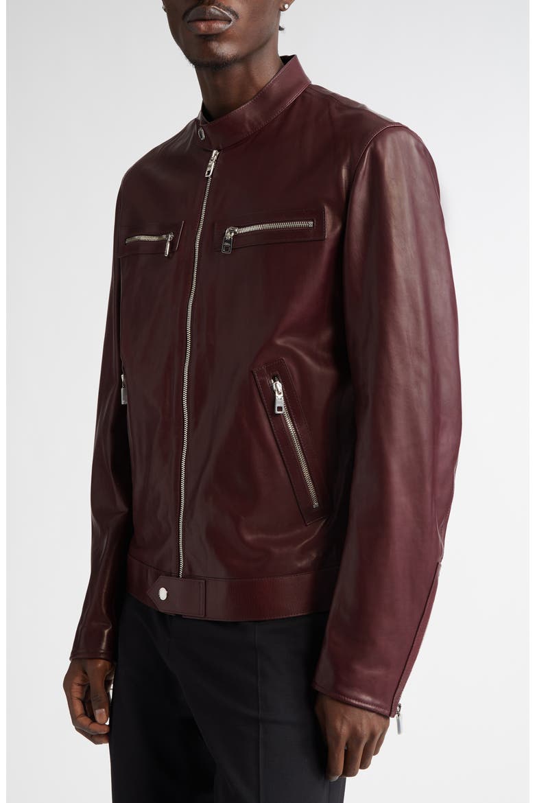 Leather Biker Jacket, Alternate, color, MARRONE/ VIOLA SCURO