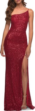 La Femme Simple One Shoulder Long Sequin Evening Gown