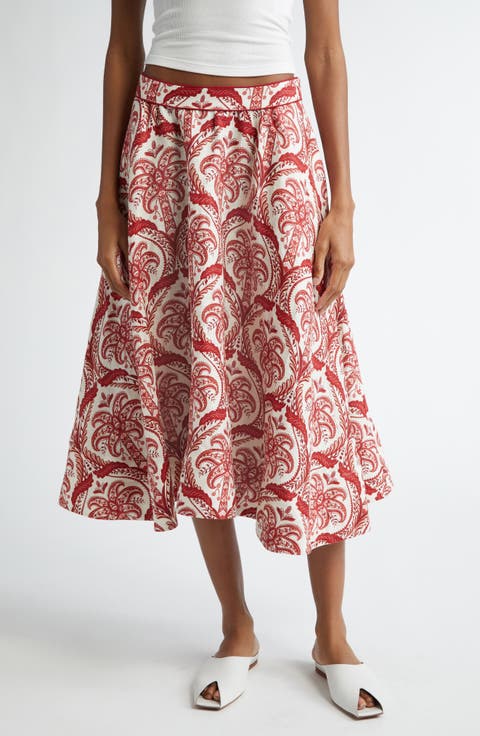 Tropical Cameo Linen Blend Midi Skirt